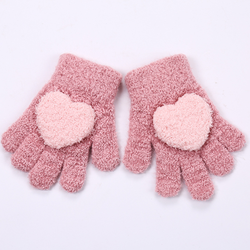 Children's gloves autumn and winter new love warm finger gloves little girl out windproof warm five finger gloves fleece-lined