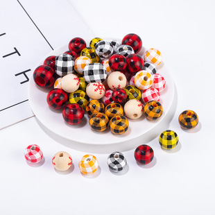 diy colorful hanging decoration beaded 14mm16mm wooden beads Plaid tassel round thousand birds wooden beads string printing accessories