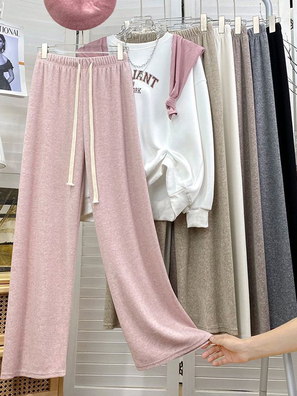 Autumn and Winter fleece-lined towel cashmere pants women's glutinous nylon high waist loose draping wide-leg pants narrow straight casual pants