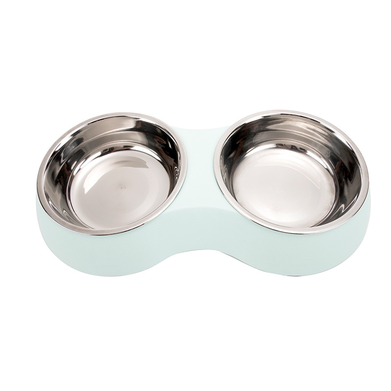 Pet Stainless Steel Double Bowl Dog Eatware Macaron Color Cowhide Textured Cat Bowl Oval Simple Double Bowl Wholesale