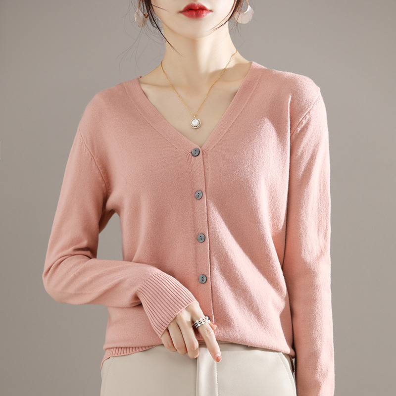 Autumn and Winter Thin V-Neck Knitted Cardigan Women's Solid Color Loose Long-sleeved Sweater Coat Inner Base Shirt Top