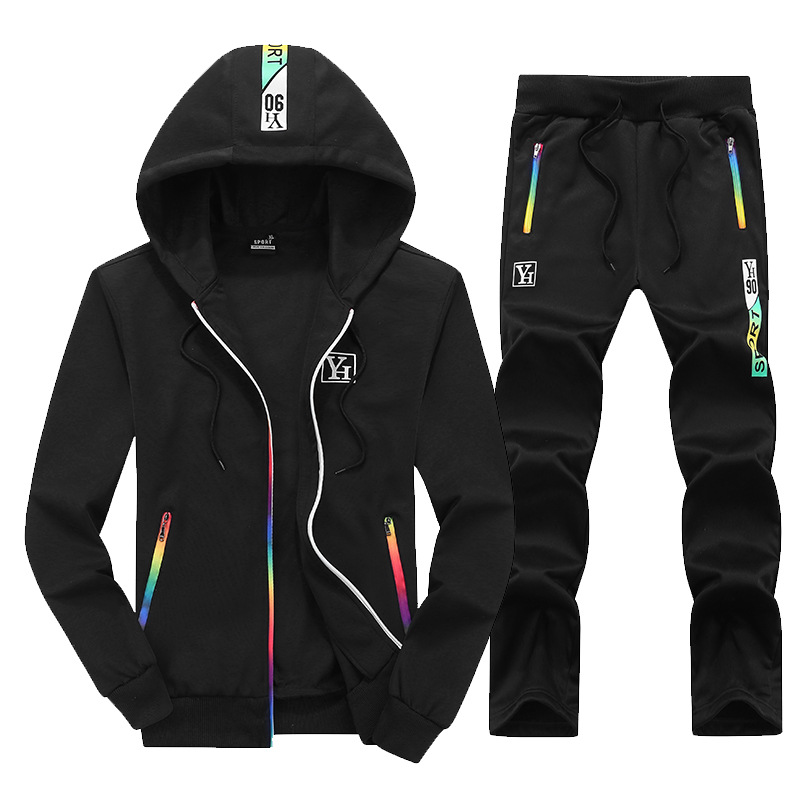Spring Hooded Casual Suit Korean Stitching Contrast Color Student Daily Sports Velvet Suit Two-Piece Suit