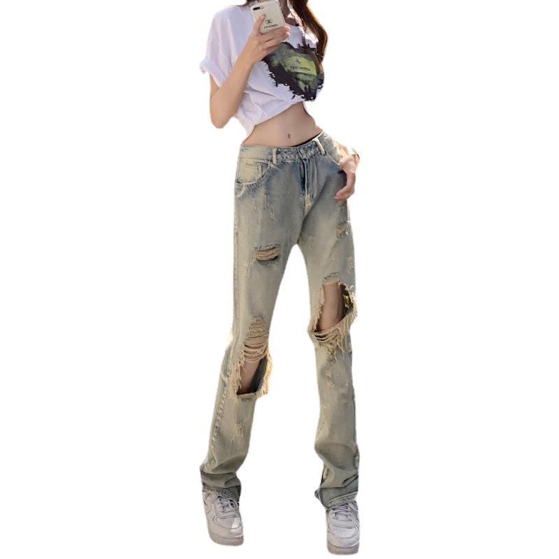 Vintage Spice Girl Distressed Ripped Jeans Women's Summer New American Style Design Sense High Street Distinctive Straight Pants