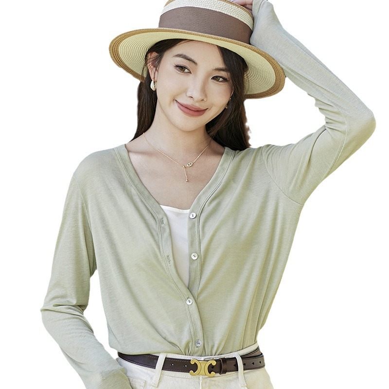 Spring and Summer 2025 Thin Tencel Cardigan Sun-protective Clothing Women's Korean-style Loose Lazy Style V-neck Knitted Air-conditioning Fir Jacket