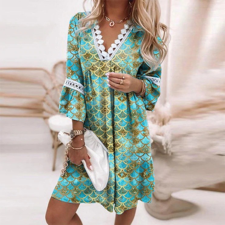 Spring V-neck Printed Lace Stitching Bohemian Leisure Holiday Style Dress ChezWe Chic Bohemian Style:This dress features a ch...