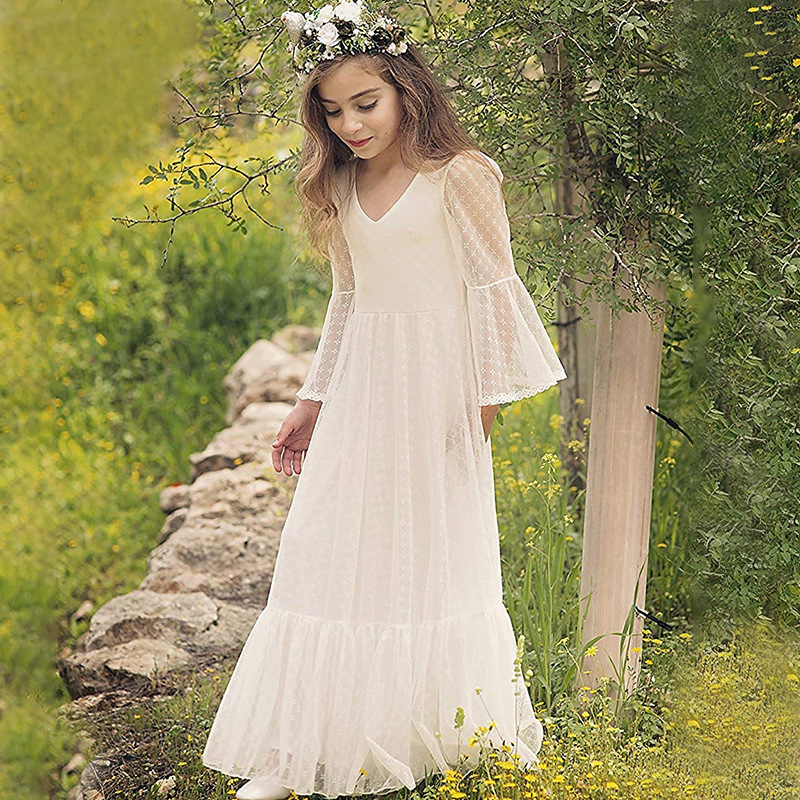 New European and American Cross-border Children's Wedding Dress Girls' Lace Long Sleeve Birthday Performance Simple Princess Long Dress