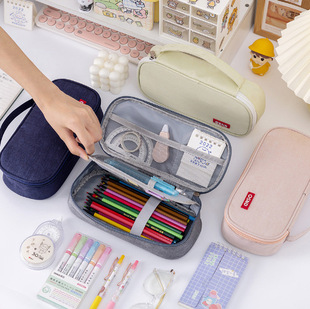 Korean Style Simple Portable Double Layer Large Capacity Pencil Bag Oxford Cloth Solid Color Student Stationery Storage Pencil Box Bag