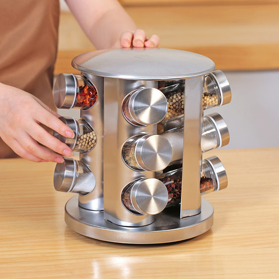 Cross-border kitchen supplies rotating stainless steel seasonings jar set European and American spices seasonings box glass bottle shelf wholesale