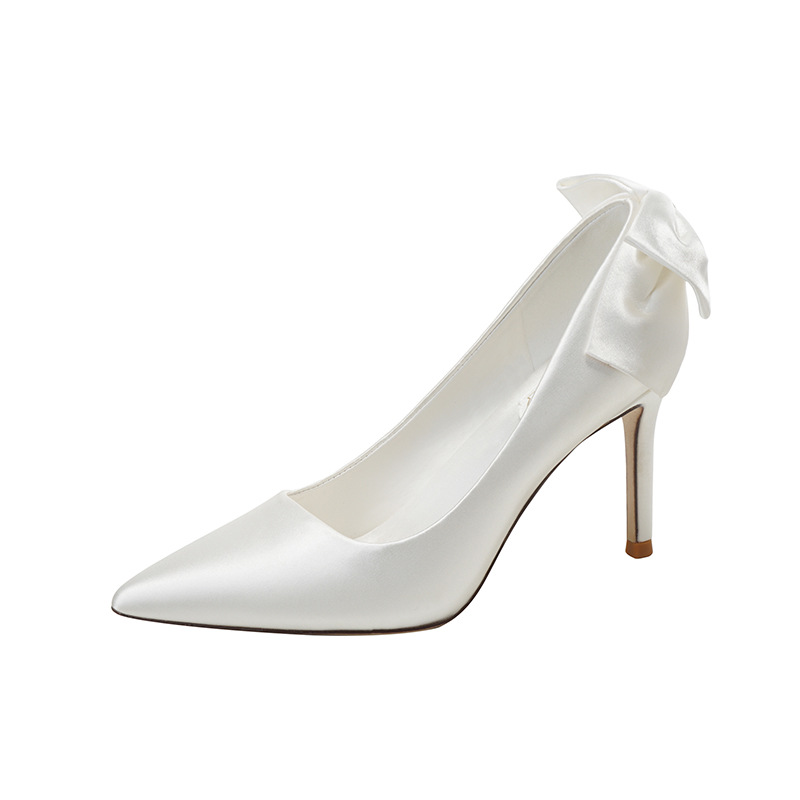 French satin white main wedding shoes elegant bow adult high heels large size 41-43 bridal shoes