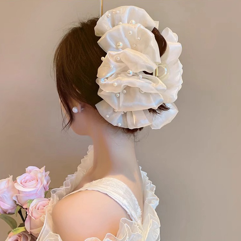 2023 New Bubble Mesh pearl clip female temperament multi-layer bow oversized back head shark clip_voghion.com