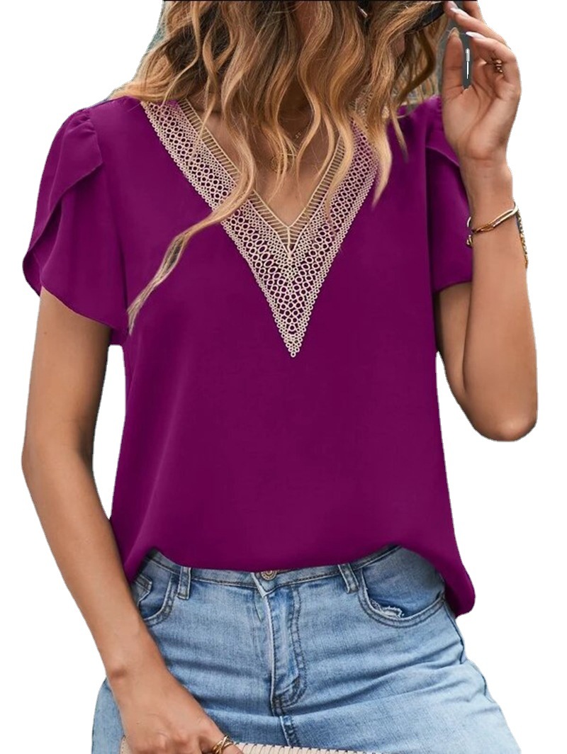 2023 New Amazon wish European and American cross-border Women's V-neck lace casual solid color shirt cross-border in stock
