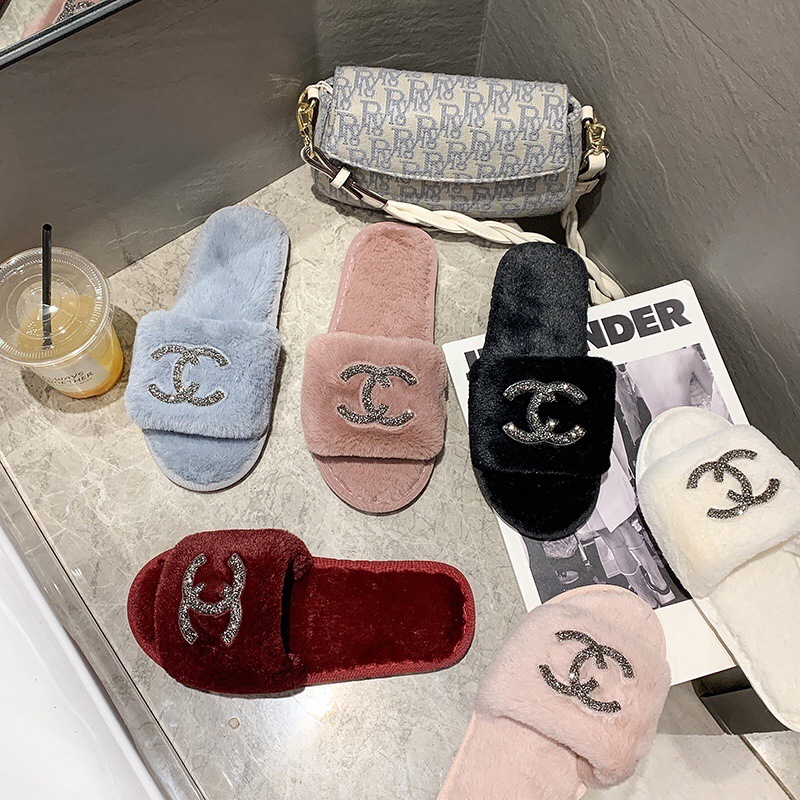 Amazon Mao Mao Slippers Women's Autumn and Winter New Home Bright Diamond Flat Bottom Warm One-word Tow Net Popular Fashion Cotton Slippers