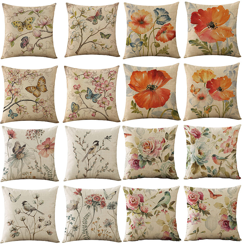 Vintage Flower Plant Pillow Case Linen Printing Living Room Sofa Bedroom Decorative Cushion Pillow Case Cross Border Amazon