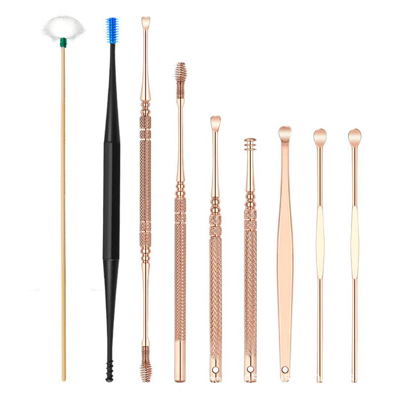 Ear picking tool 9 piece set ear scoop ear cleaner spring double-head rotating silicone ear scoop