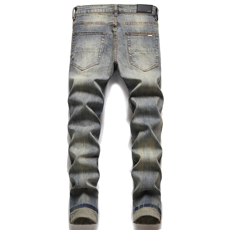 AMI European Men's Jeans Ripped Patch Trendy Stretch Slim-Fit Skinny Pants All-Match Men's Pants 3096