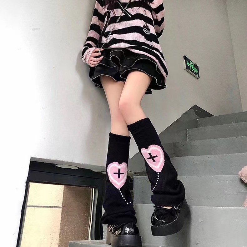 Lolita Wide Leg Socks Love Cross Y2K Girls with Calf Cover Winter Warm Acrylic Knitted Socks_voghion.com