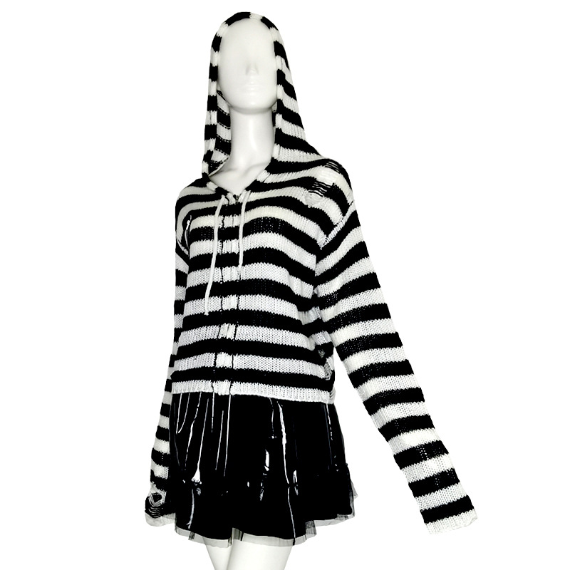 Knitwear in zipper striped women's top new European and American Gothic long sleeve hooded sweater coat short sweater
