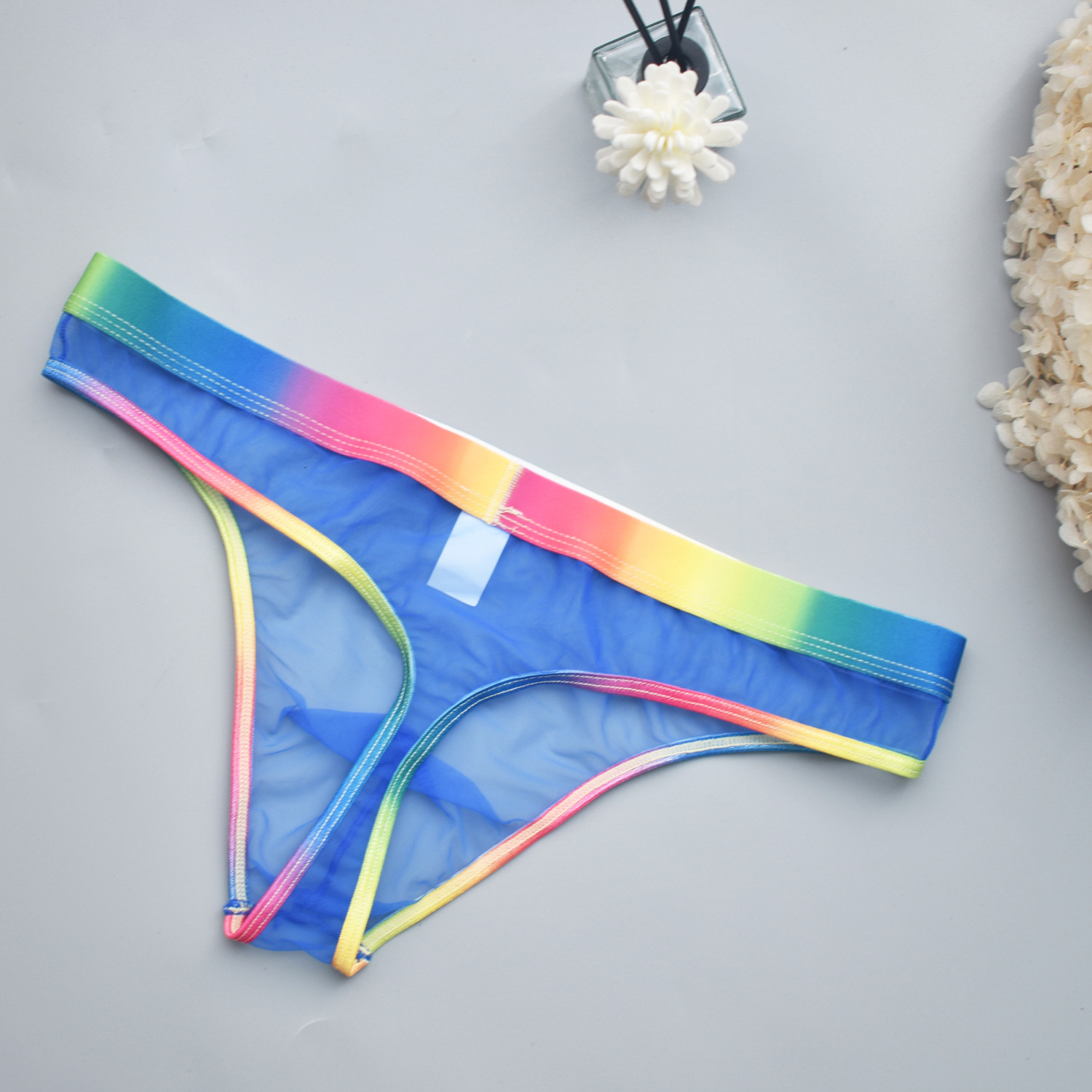 Foreign trade in stock men's sexy underwear see-through sexy rainbow edge men's thong dew point temptation men B902