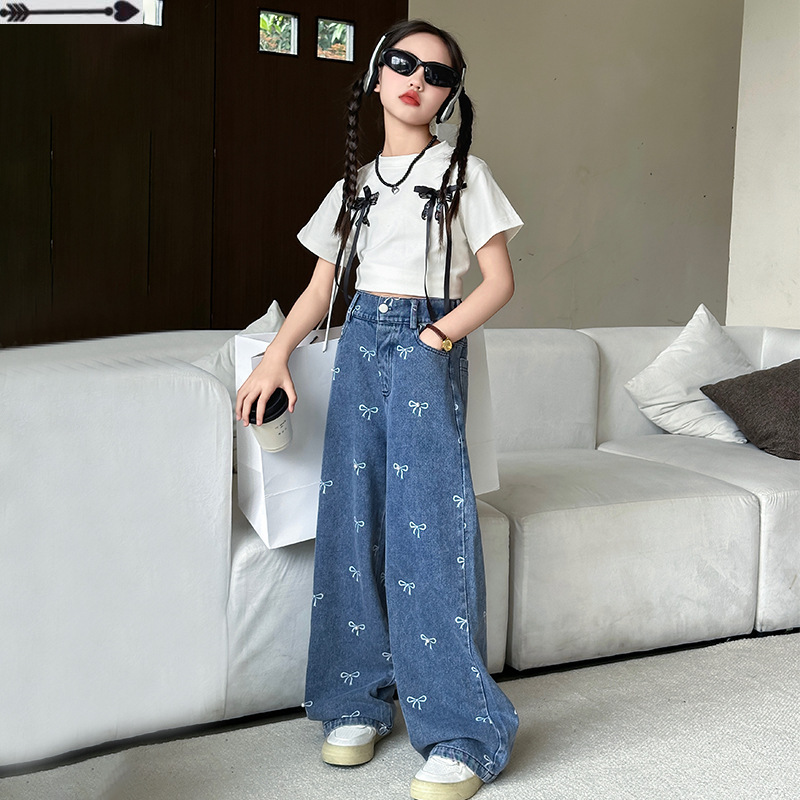 Women's Large Children's Summer Pants 2024 New Arrival Elastoelastic Waist Jeans Bow Printed Wide Leg Pants Fashionable Western Style