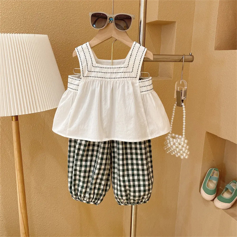 2022 Girls Summer Korean Style Western Style Children's Wear Sling Set New Fashionable Children's Bloomers Baby Two-piece Set