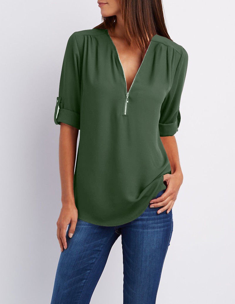 Cross-border hot new top European and American women's long sleeve bottoming shirt Amazon large size zipper V-neck shirt