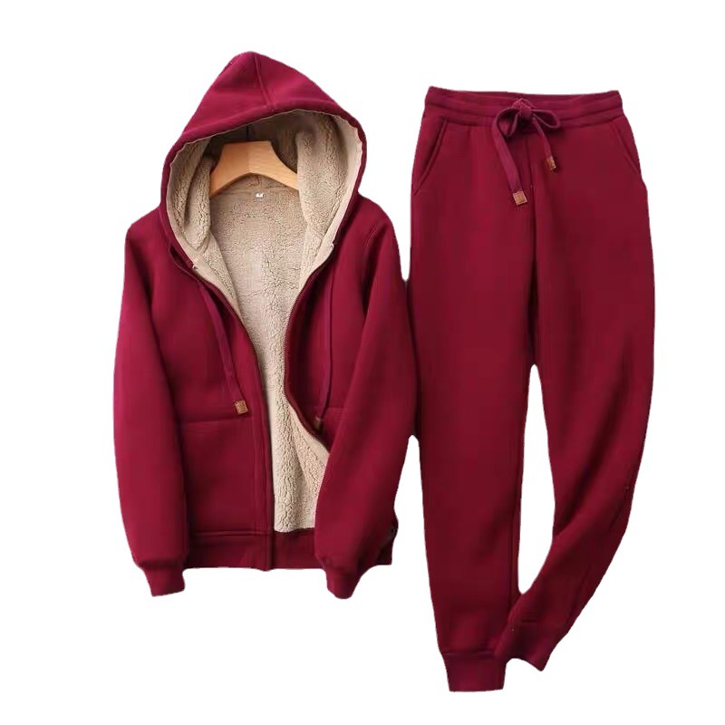 Fleece-lined thickened casual fashion suit women's autumn and winter New slimming hooded cardigan jacket sports pants two-piece suit fashion