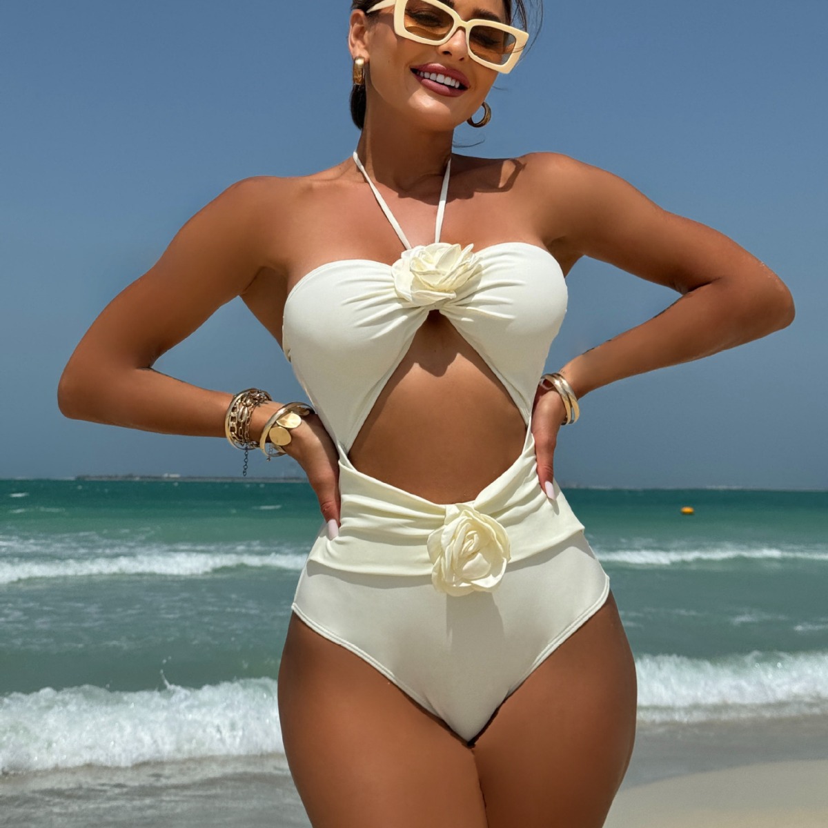 2024 European and American New Drawstring Hollow Solid Color Rose Strap Swimsuit Bikini Bikini Cross Border
