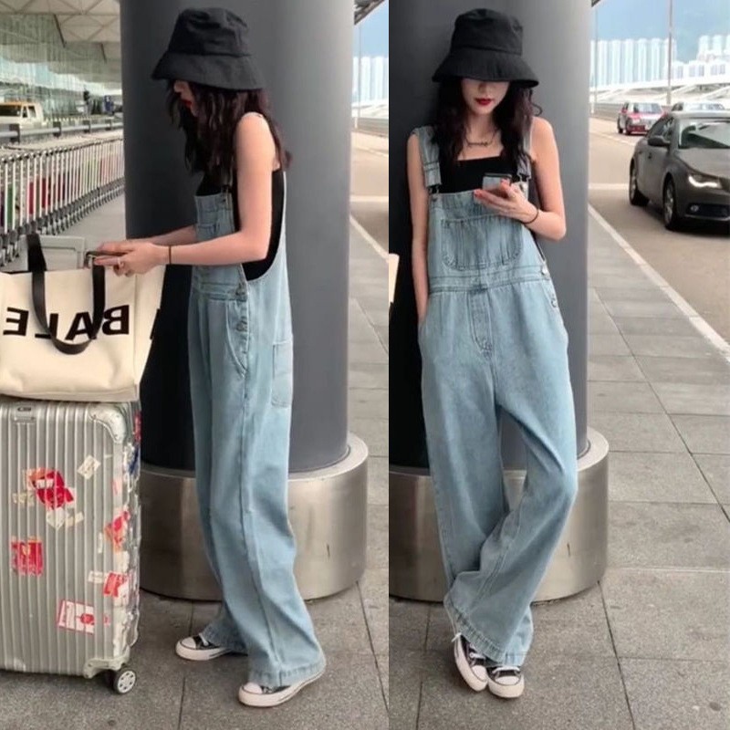 [Spot] Internet-famous floor-length pants spring and summer trousers Korean version of loose large size high waist wide leg jeans suspenders for women