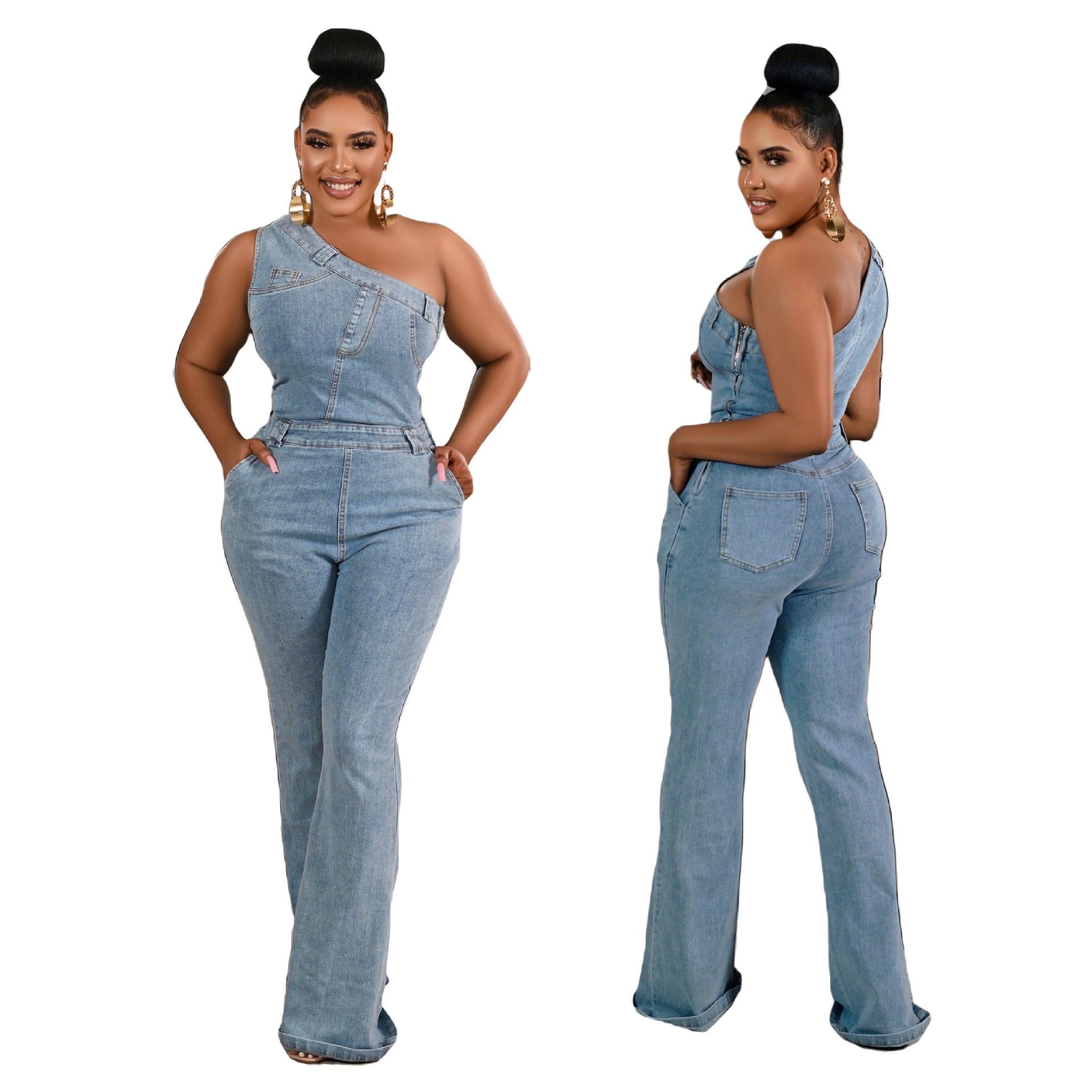 oblique shoulder tight waist slim stretch wash water Denim jumpsuit jumpsuit flared pants