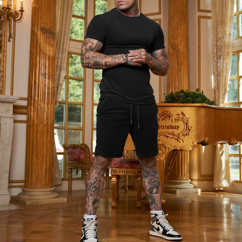 2023 new European solid color short sleeve shorts sports suit summer spot men's suit genuine printable log