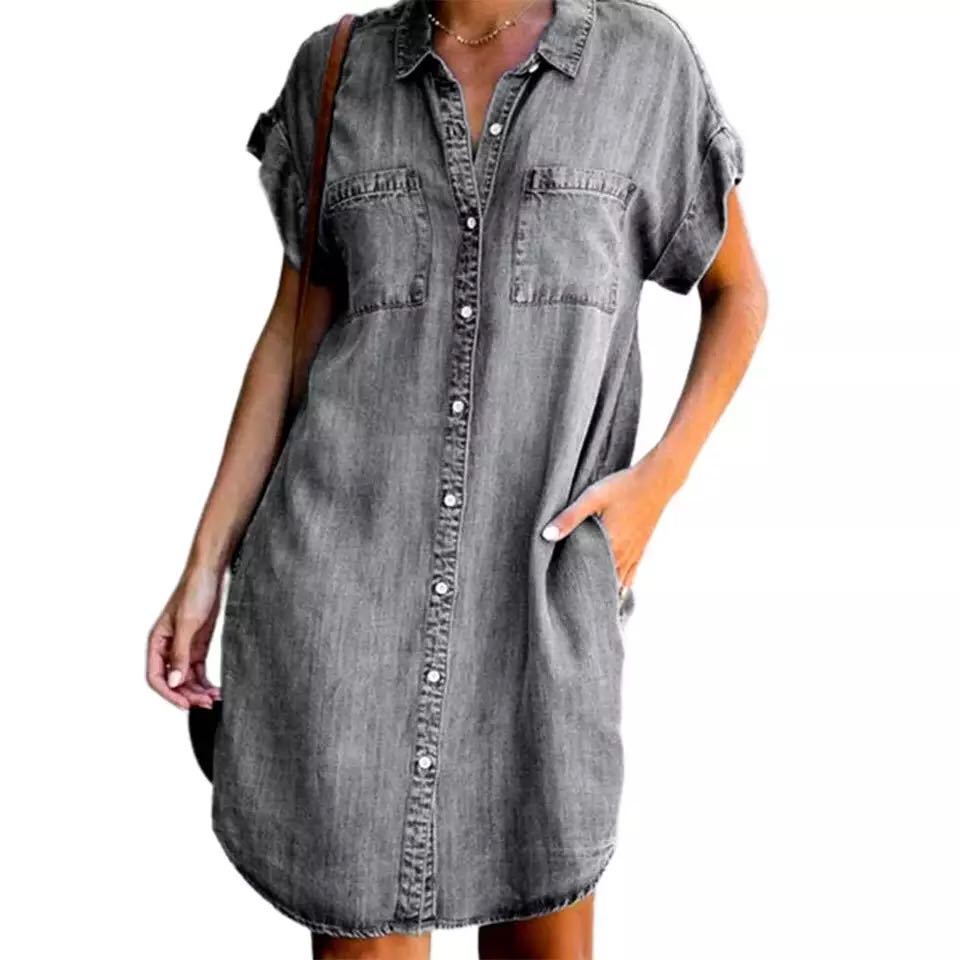 Independent Station Amazon 2023 Cross-border New European and American Lapel Short-sleeved Slim-fit Dress Denim Shirt Dress for Women
