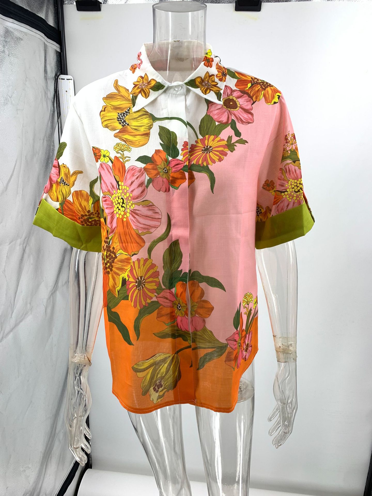 Cross-border independent station 2023 new European and American printed cotton and linen two-piece set suit top + wide leg pants_voghion.com