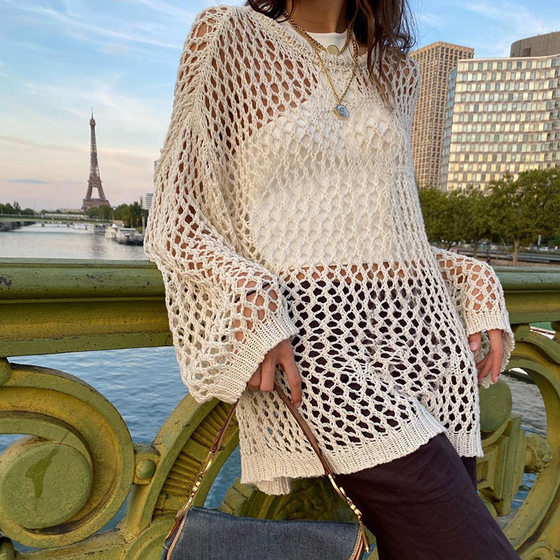 Cross-border Foreign Trade 2023 Summer European and American Hot Girls Street Trendy Hollow Mesh Wool Round Neck Loose Blouse Women