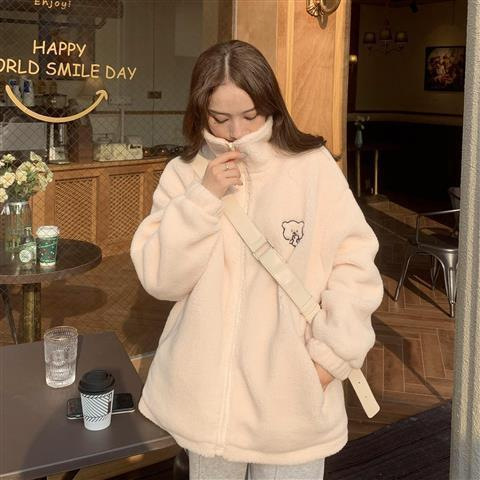 2024 autumn and winter New loose stand collar lamb wool coat women's thickened Western style cute bear plush top