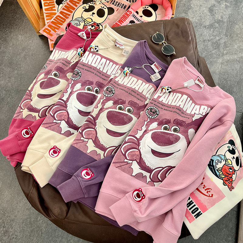 Cross-border autumn and winter New cute cartoon strawberry bear printed long-sleeved top Japanese loose lazy round neck sweater for women