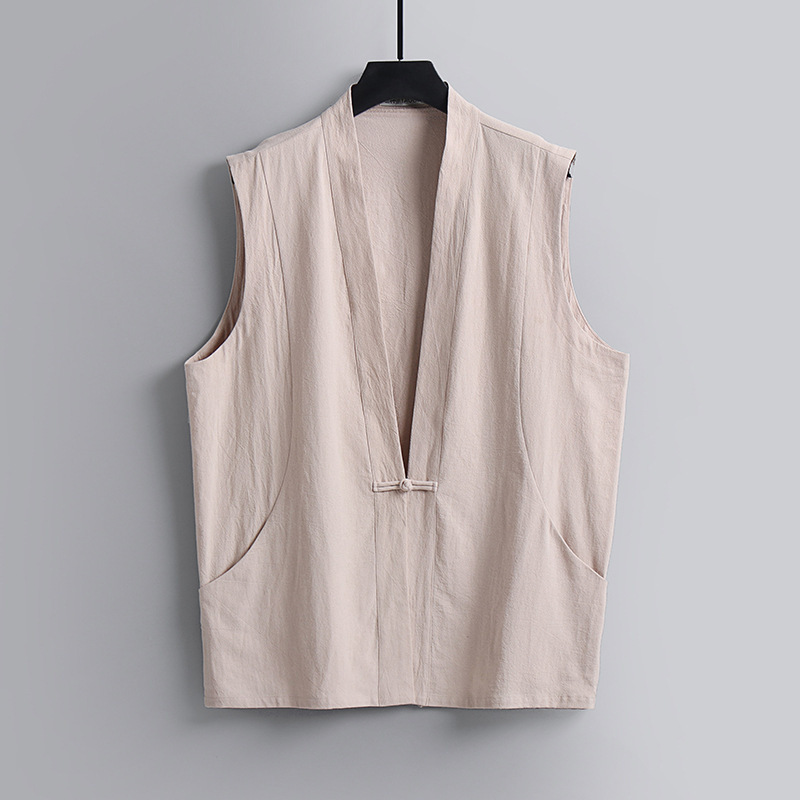 Summer Thin Linen Sleeveless Vest Men's Chinese Style Cotton and Linen Buckle Vest Vintage Chinese Style Tang Coat Loose Waistcoat