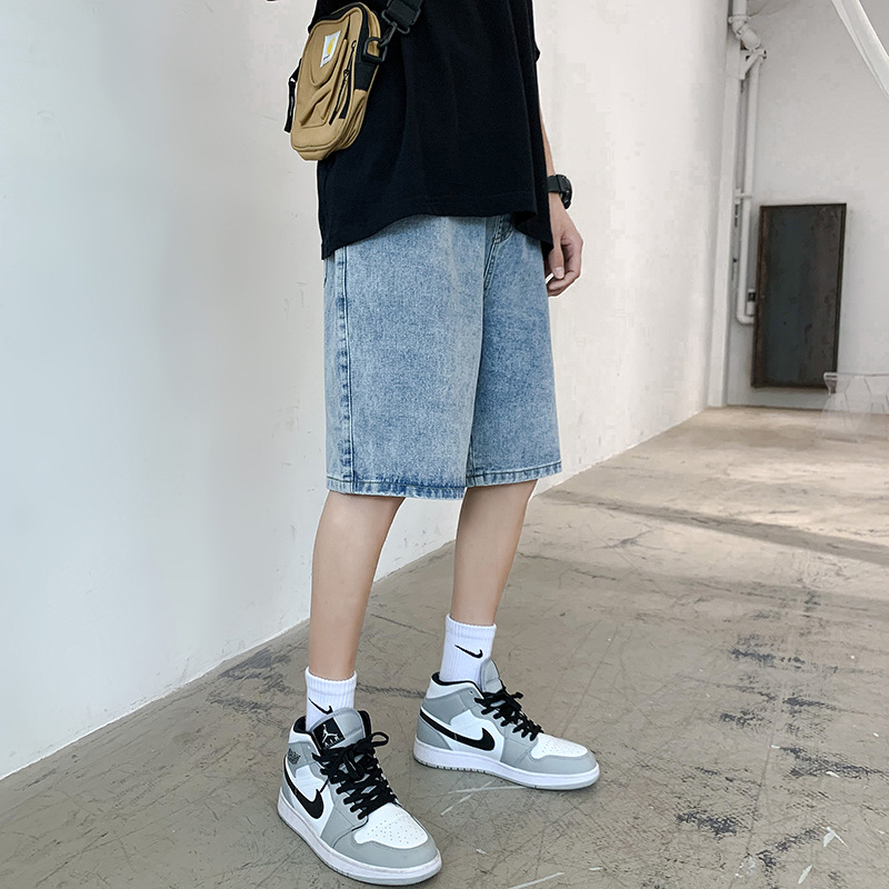 LKTM Men's# Trendy Brand Denim Shorts Men's Ins Summer New Elbow Waist Light Color Loose Straight Bearer Pants