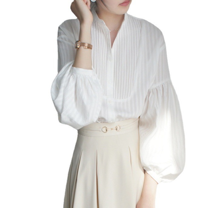 French Retro Dark Vertical Stripe Pit Pleated Small Stand Collar Loose Fashionable Artistic Design Lantern Sleeve Shirt Spring and Autumn