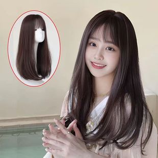 Wig female collarbone hair medium long hair air bangs natural fluffy short hair round face trimming long straight hair full head cover