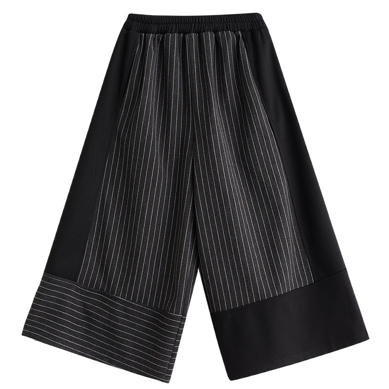 Real shot 2024 spring new black casual pants fashionable woolen narrow Hong Kong style striped stitching wide-leg pants