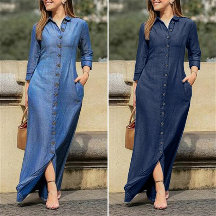 2022 European and American Autumn Women's Elegant Elegant Fashion Neutral Style Long Sleeve Lapel Cardigan Solid Color Long Denim Skirt