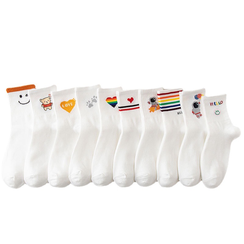 Autumn and Winter Women's Socks Middle Barrel White Cartoon Student Bear Rainbow Letters Love Smiley Striped Sports Korean Style Women's Socks