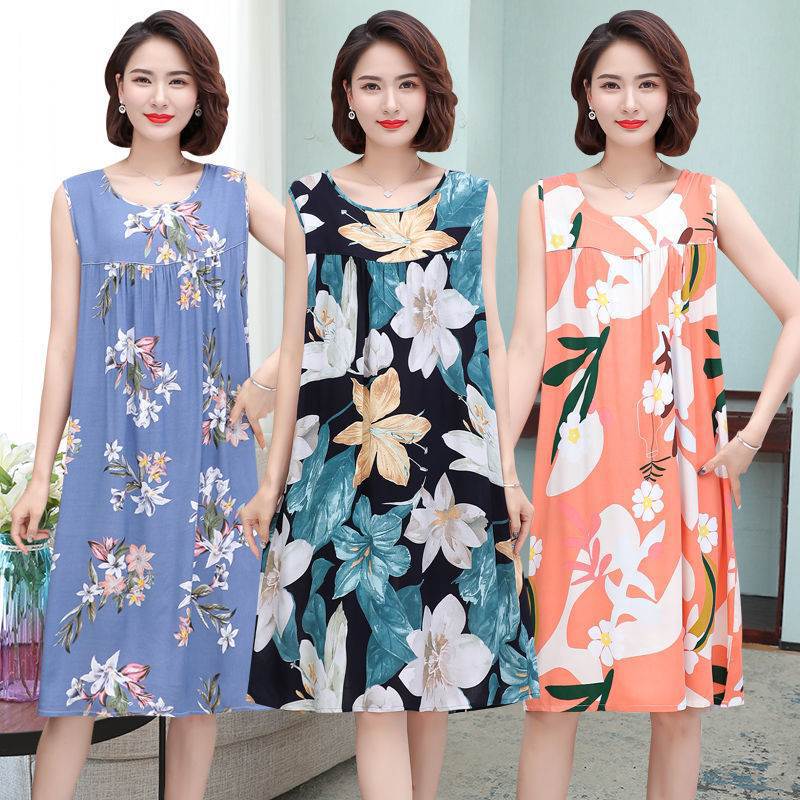 Summer Middle-aged and Elderly People's Cotton Silk Nightdress Pajamas Women's Cotton Silk Dress Summer Adult Large Size Mother's Home Clothes