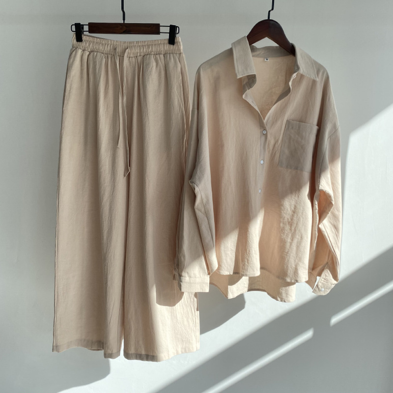 Cross-border  Women's 2-piece Vintage Plus Size 2022 Cotton and Linen Shirt Set High Waist Loose Trousers_voghion.com