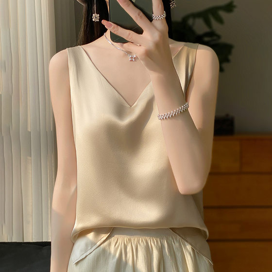 Silk silk shoulder camisole women's vest 2024 summer new slim v-neck short temperament inner top t-shirt