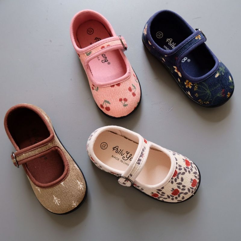 Autumn New South Korea corduroy floral children's canvas shoes Mori princess girl single-layer shoes kindergarten soft bottom