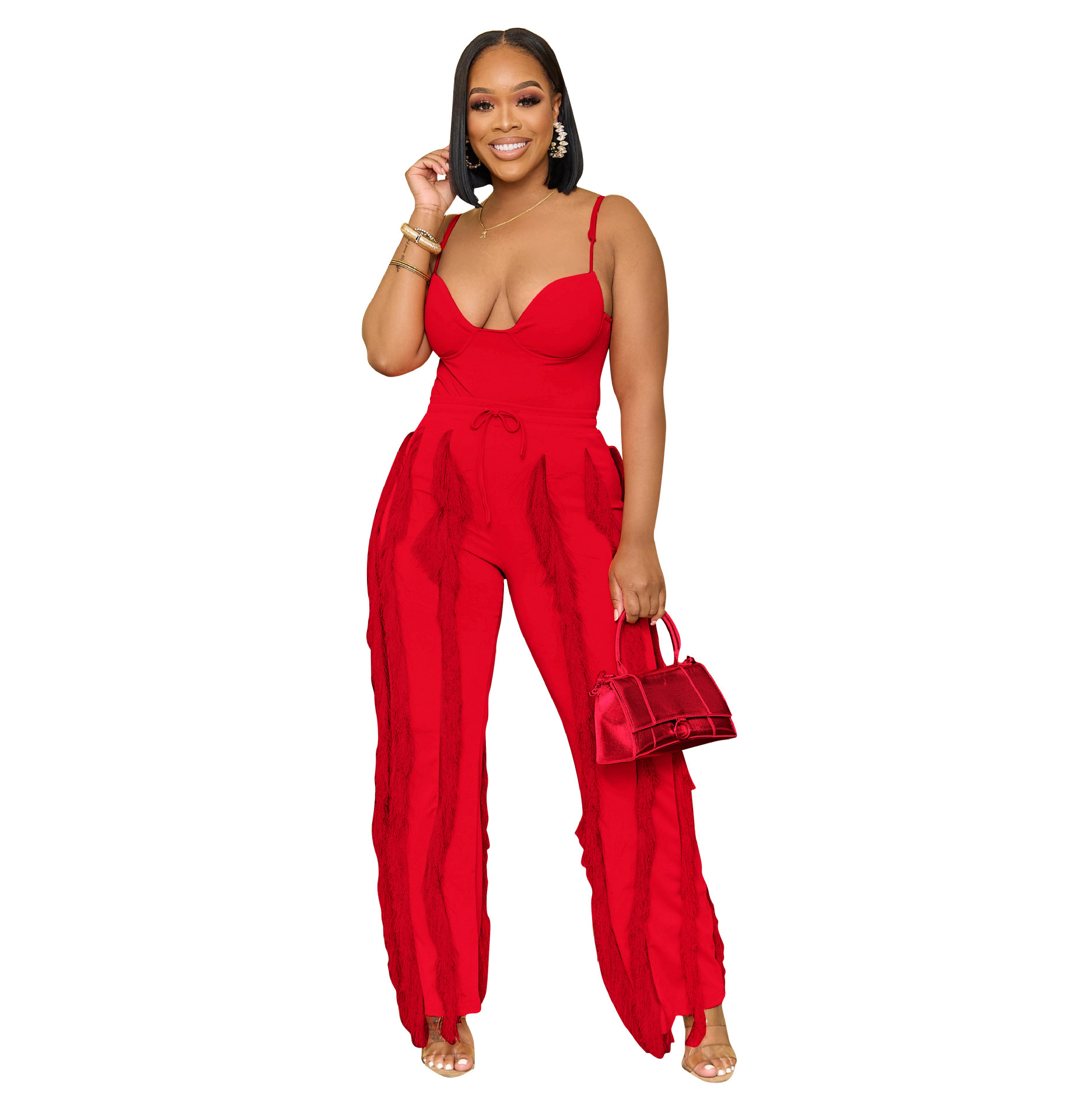 AL246 Amazon Cross-border European and American Women's Suit Tassel Lace Strap Jumpsuit Two-piece Straight-through Pants Summer