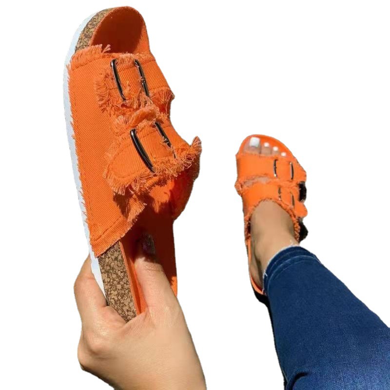 Cross-border Large Size 2021 Summer Unique New European and American Casual Denim Solid Color Canvas Buckle Two-character Flat Slippers with Buckle