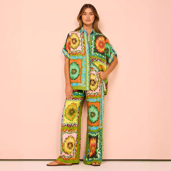 Cross-border European and American women's clothing 2024 new fashion printed elastic waist pocket wide leg pants casual suit women's summer