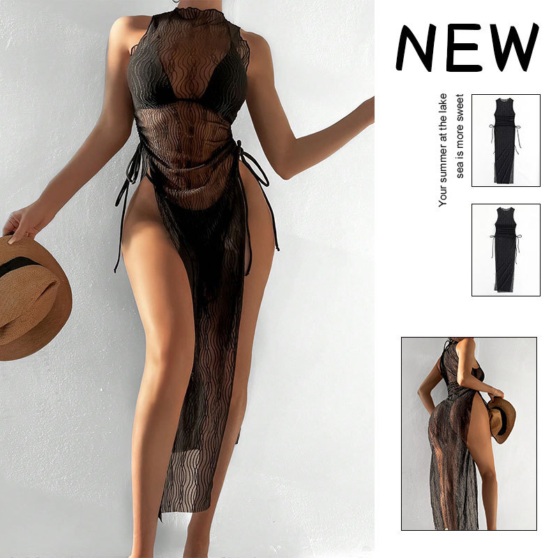 2024 Summer Cross-border Women's European and American New Sexy One-length High Split Sexy Transparent Mesh Beach Skirt Single Blouse